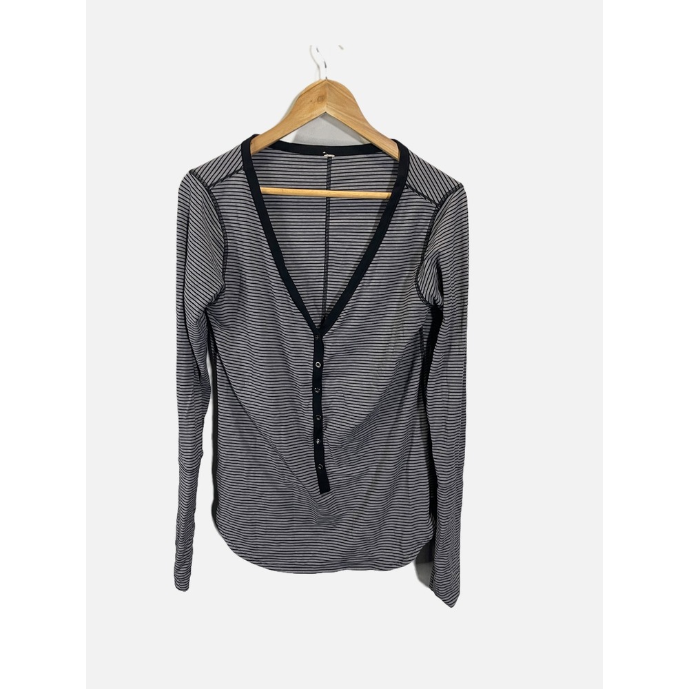 Lululemon Henley Top Women 12 Grey Striped Long Sleeve V-Neck Yoga Athleisure - Picture 2 of 6